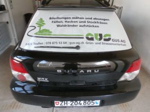 Fahrzeug-Beschriftung Heckscheibe GUS AG